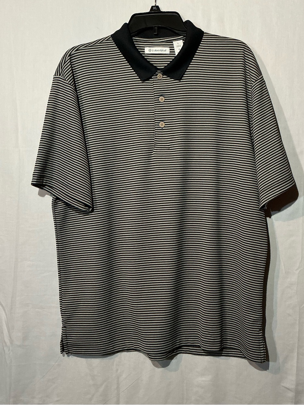 Cubavera Black and White Thin-Striped Polo with Black Collar